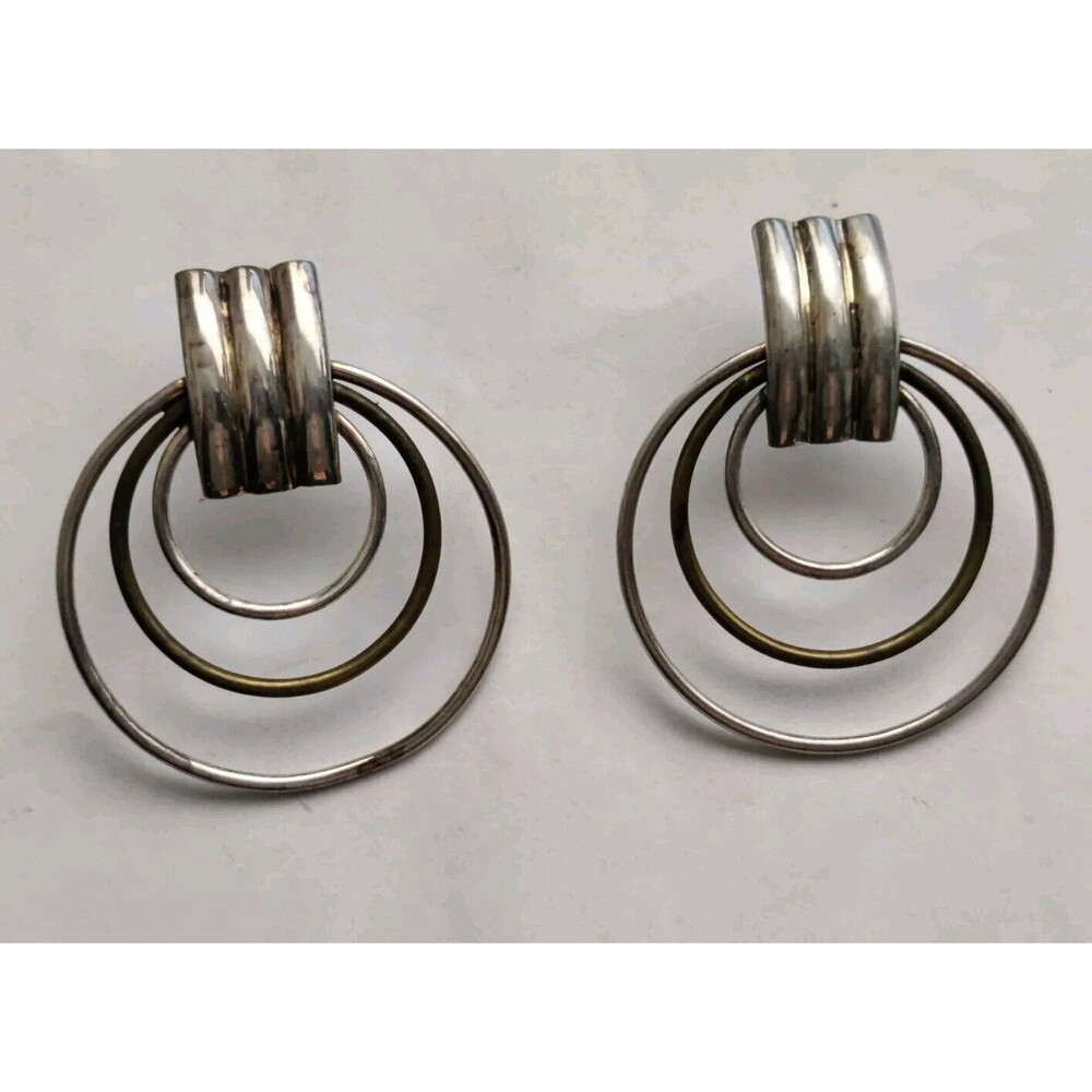 Vintage Tested Silver & Brass Drop Graduated Hoop Earrings 1.5"